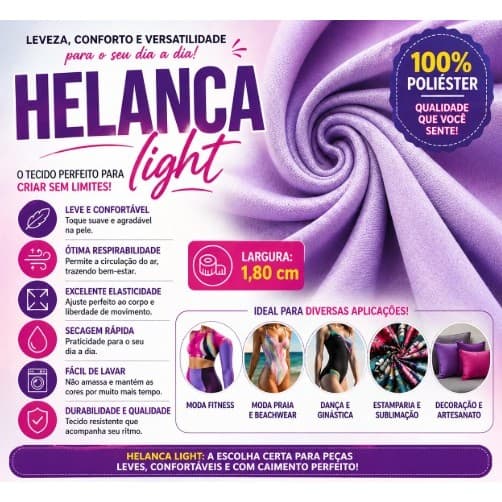 Malha Helanca Light 1,80m 100% Poliéster Tecido Macio Alta Qualidade Varias Cores