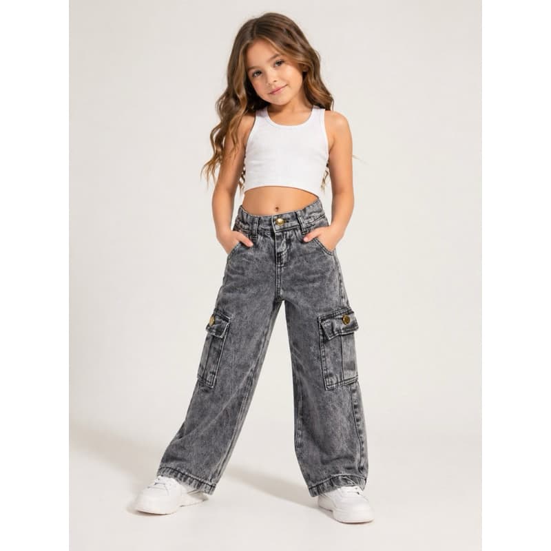 Calça Jeans Cargo infantil Wide Leg Premium Moda Kids Estilo Gringa Blogueirinha Confortável