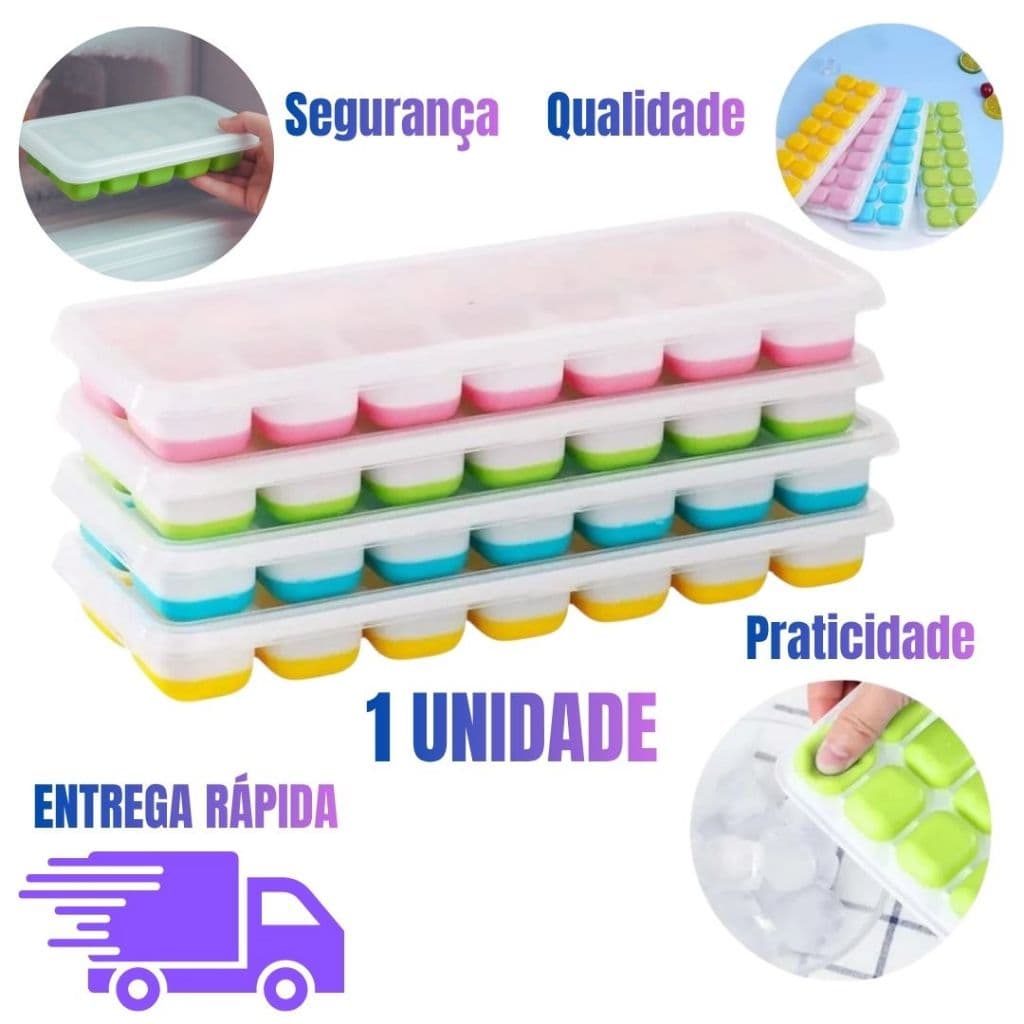 Forma de Gelo Silicone com Tampa Desenformar Fácil Cubos Perfeitos para Freezer