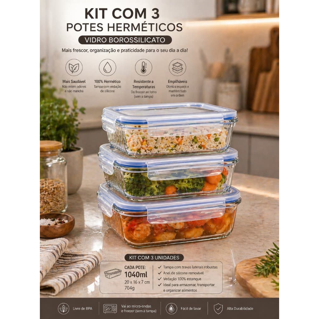 Kit 3 potes herméticos vidro retangular lehavi 640ml-1040ml