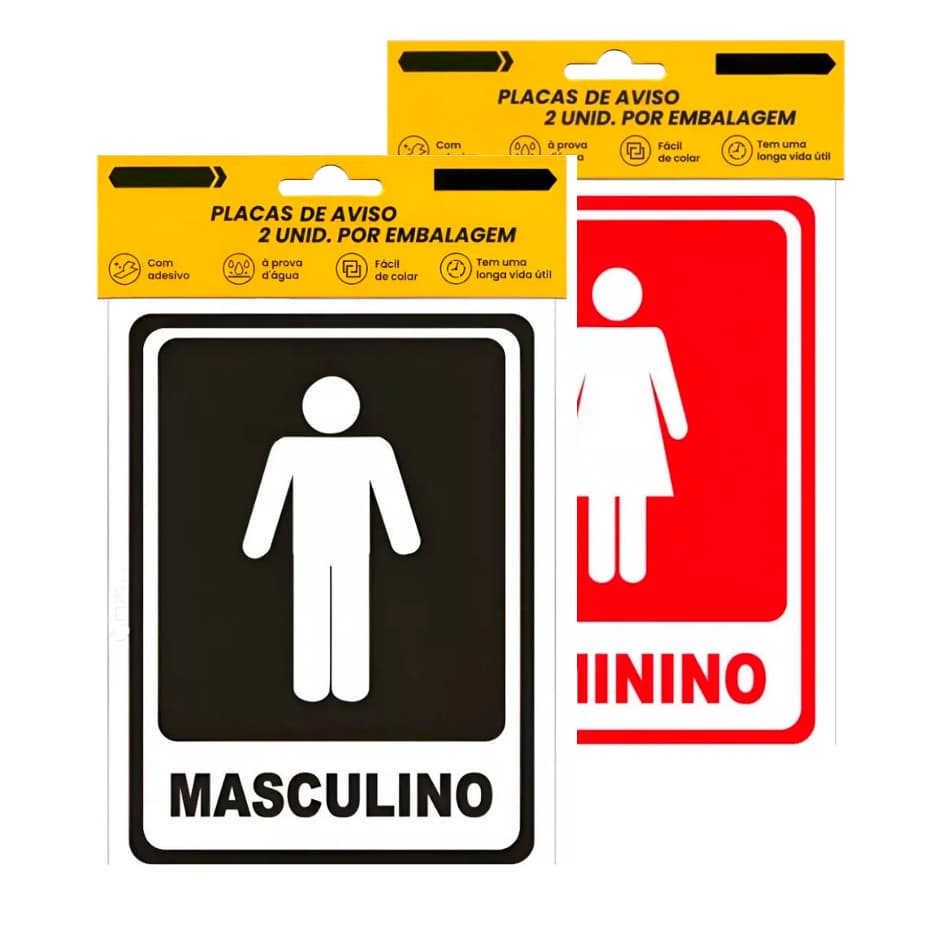 Kit 2 Placas de Aviso Banheiro Feminino e Masculino WC Identificação Vermelho e Preto com Adesivo