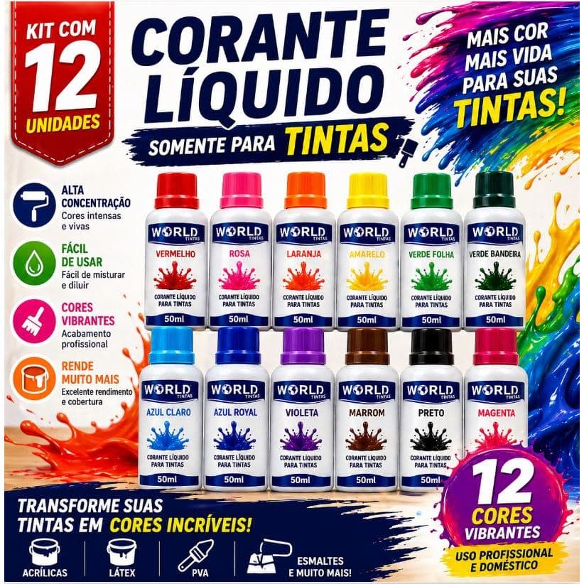 Kit 12 com Corante Concentrado Liquido Base Água Para Tinta Látex Acrílica Cores Diversas