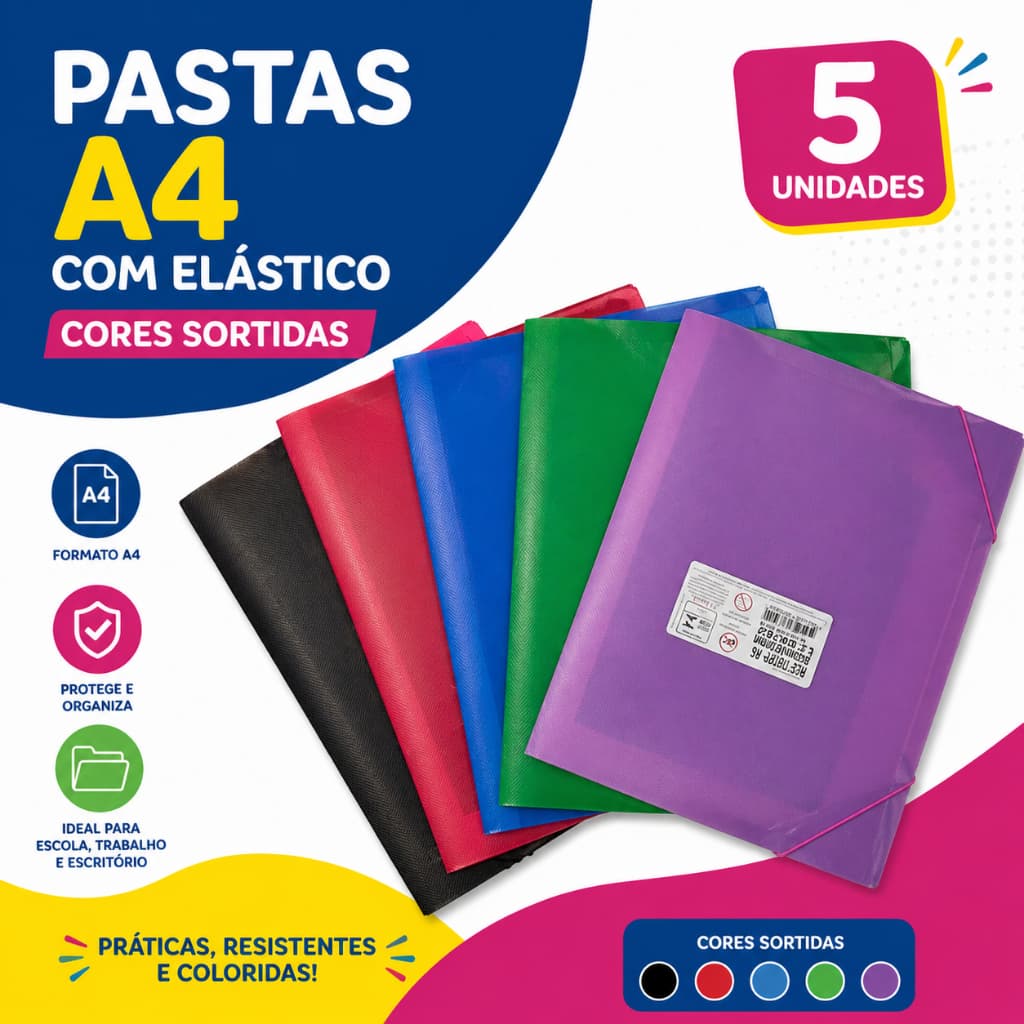 Kit 5 Pastas A4 com Elástico – Cores Sortidas | Organização Prática e Resistente