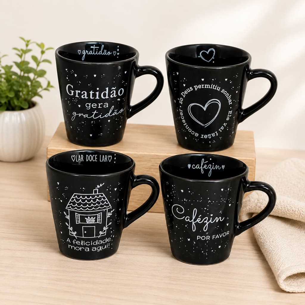 Jogo De Xicaras Para Café Tulipa Preta 120ml Com Frases Decorativas Deus Lar Gratidão Café Xícaras