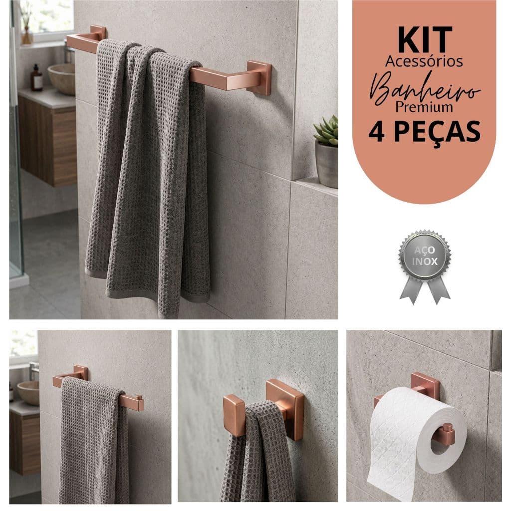 Kit Acessórios para Banheiro – 4 Peças Aço Inox 304 Rose –Toalheiro, Papeleira, Gancho, Porta Toalha
