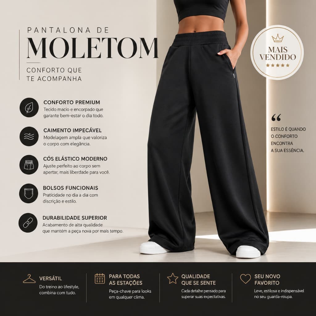 Calça Pantalona de Moletom Feminina Cintura Alta Confortável