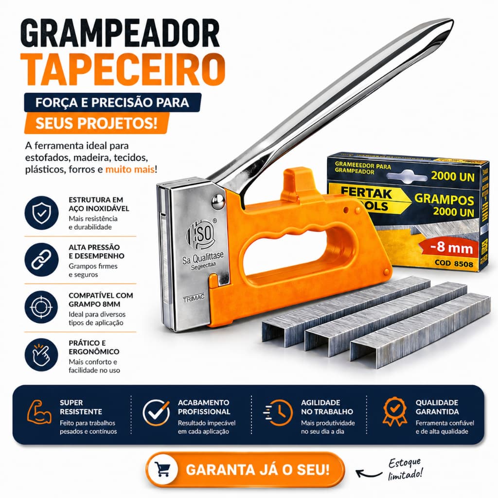 Grampeador Tapeceiro Manual Profissional Aceita Grampo 4 6 8mm Estofador Madeira Casa Tecidos