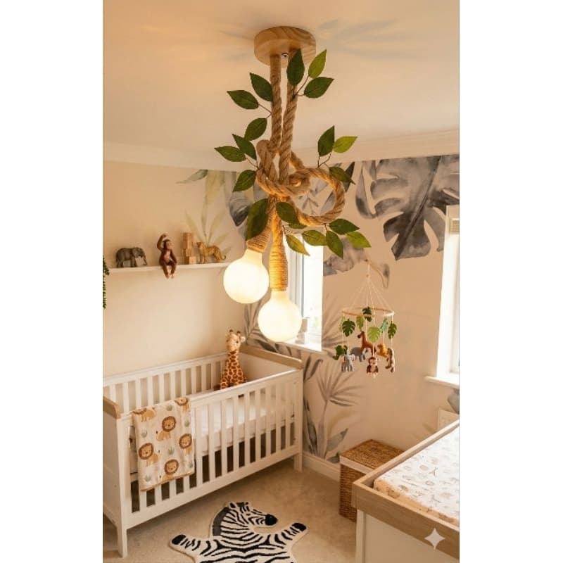 Peça decorativa iluminada quarto bebê safari com folhas