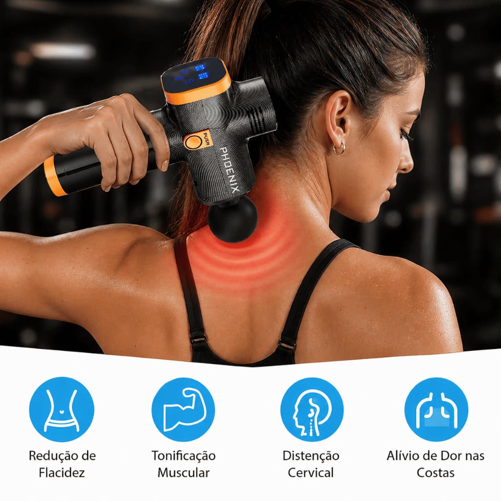 Pistola Massageadora Phoenix 30 Níveis com LCD Recarregável Profissional para Alívio Muscular Profundo