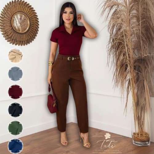 Calça Alfaiataria Feminina Elegante com Cinto Forrado Bolsos e Zíper