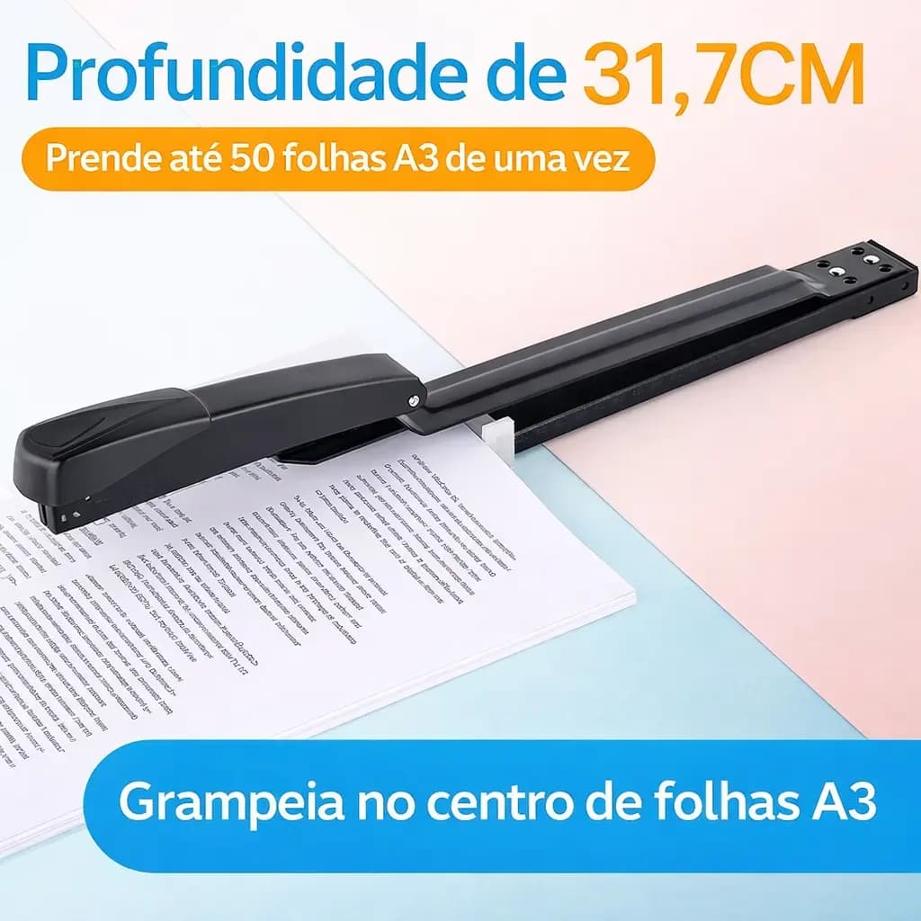 Grampeador de Longo Alcance A3 Ajustável | Até 50 Folhas | Profundidade 31,7 cm | Metal Reforçado
