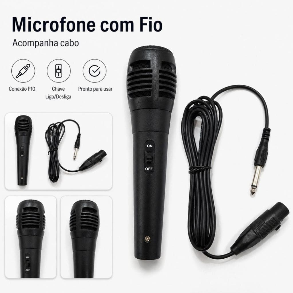 Microfone Dinâmico Com Fio Cabo 3 Metros P10 Para Karaokê Eventos Preto