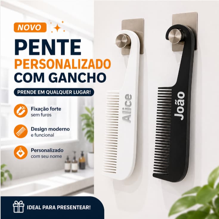 Pente Personalizado com Gancho – Nome em Relevo para Pendurar