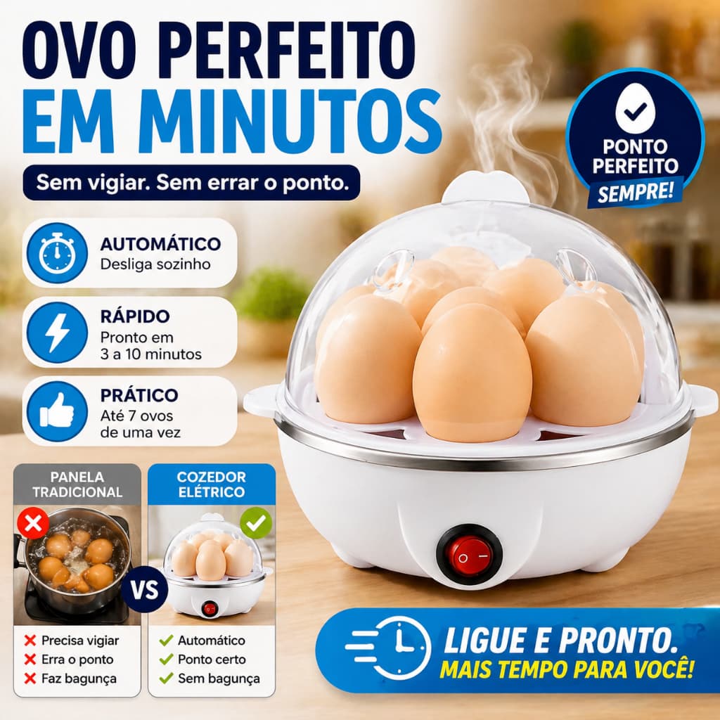 Cozedor de Ovos Elétrico 110V Automático 7 Ovos Egg Cooker Multifuncional Vapor Rápido