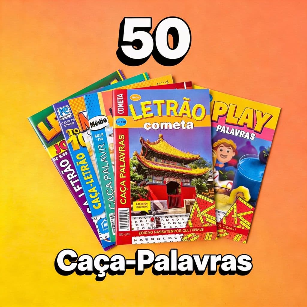 Kit com 50 Caça Palavras Letrão – Revistas Passatempos com Letras Grandes