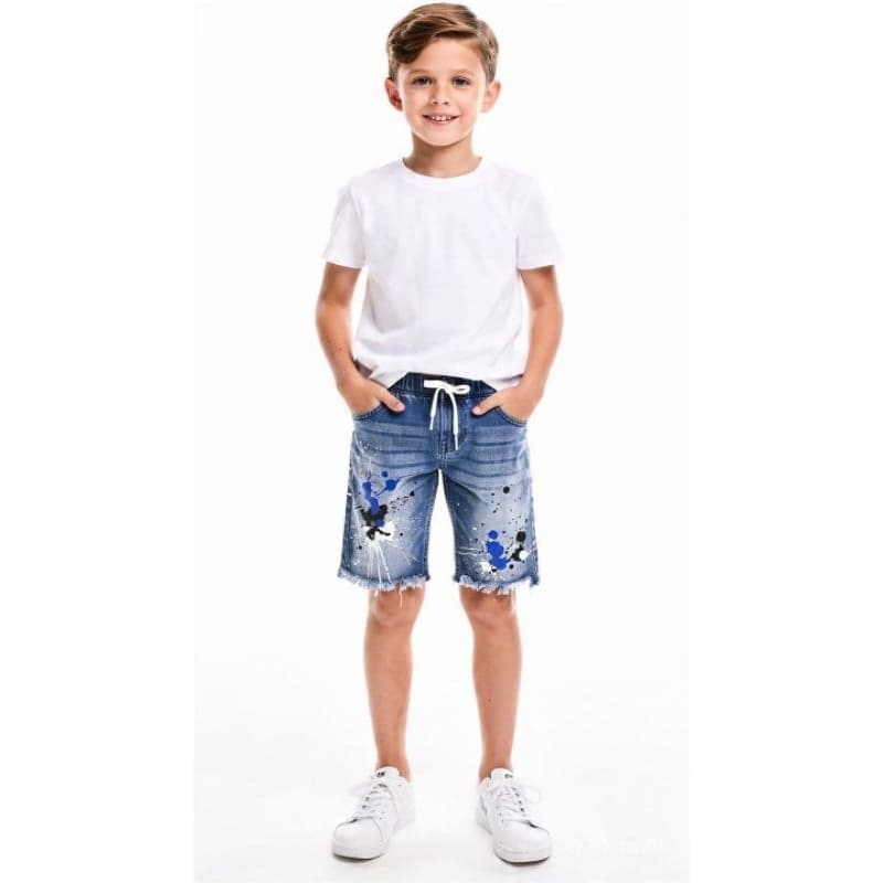 Shorts Jeans Infantil Menino 8-16 Anos Destroyed Paint Splatter Com Cadarço Bermuda Moda Verão