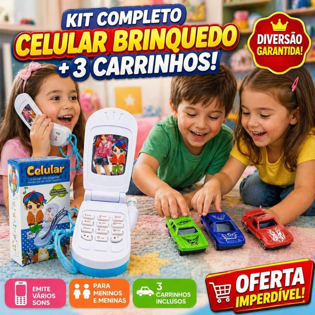 Kit Infantil Celular Brinquedo com Som + Pilha + 3 Carrinhos | Meninos e Meninas
