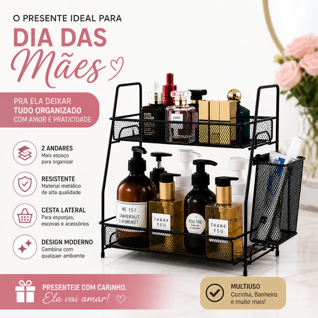 Organizador Metalico Duplo Preta Aramado Multiuso Economize Espaco Cozinha Banheiro Dia das Maes