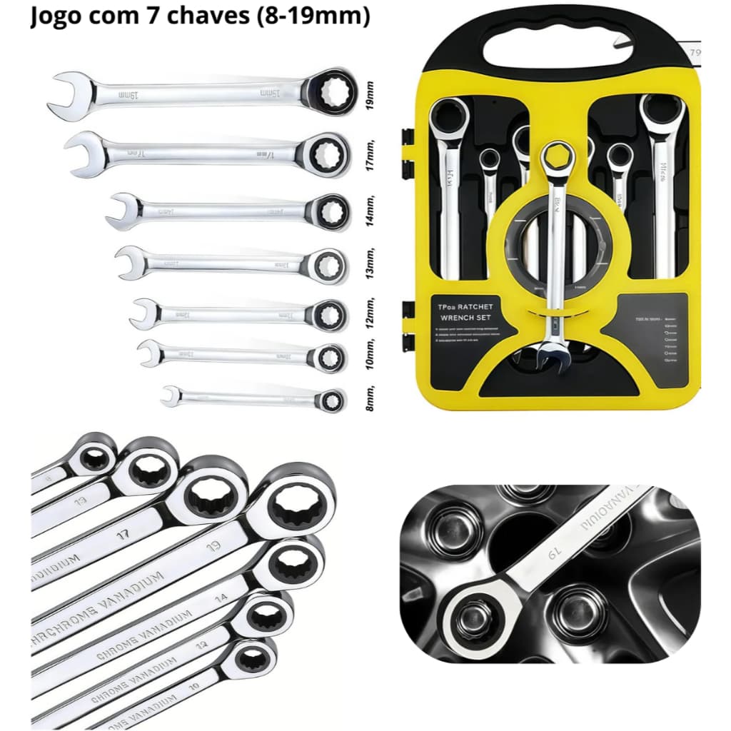 Jogo de Chaves Combinadas com catraca 8 a 19mm 7 peças CrV