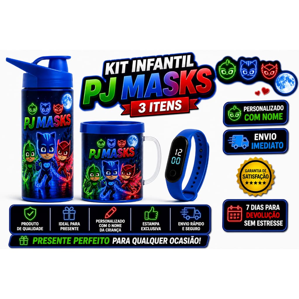 Presente Pj Mask - Garrafa Copo e Relógio Digital + Nome Personalizado PRESENTE ANIVERSÁRIO ESCOLA
