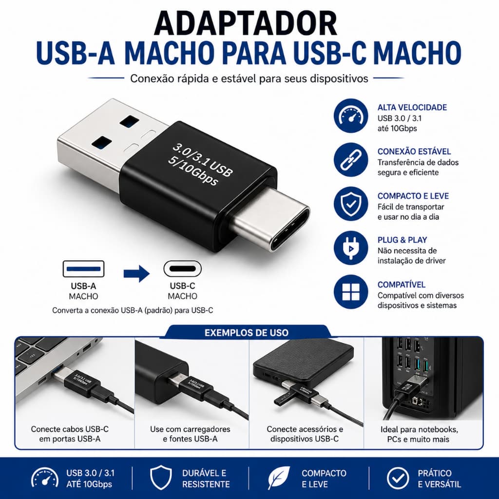 Adaptador USB-A Macho para USB-C Macho USB 3.0 | Alta Velocidade 5Gbps | Compatível com PC, Notebook e Carregador