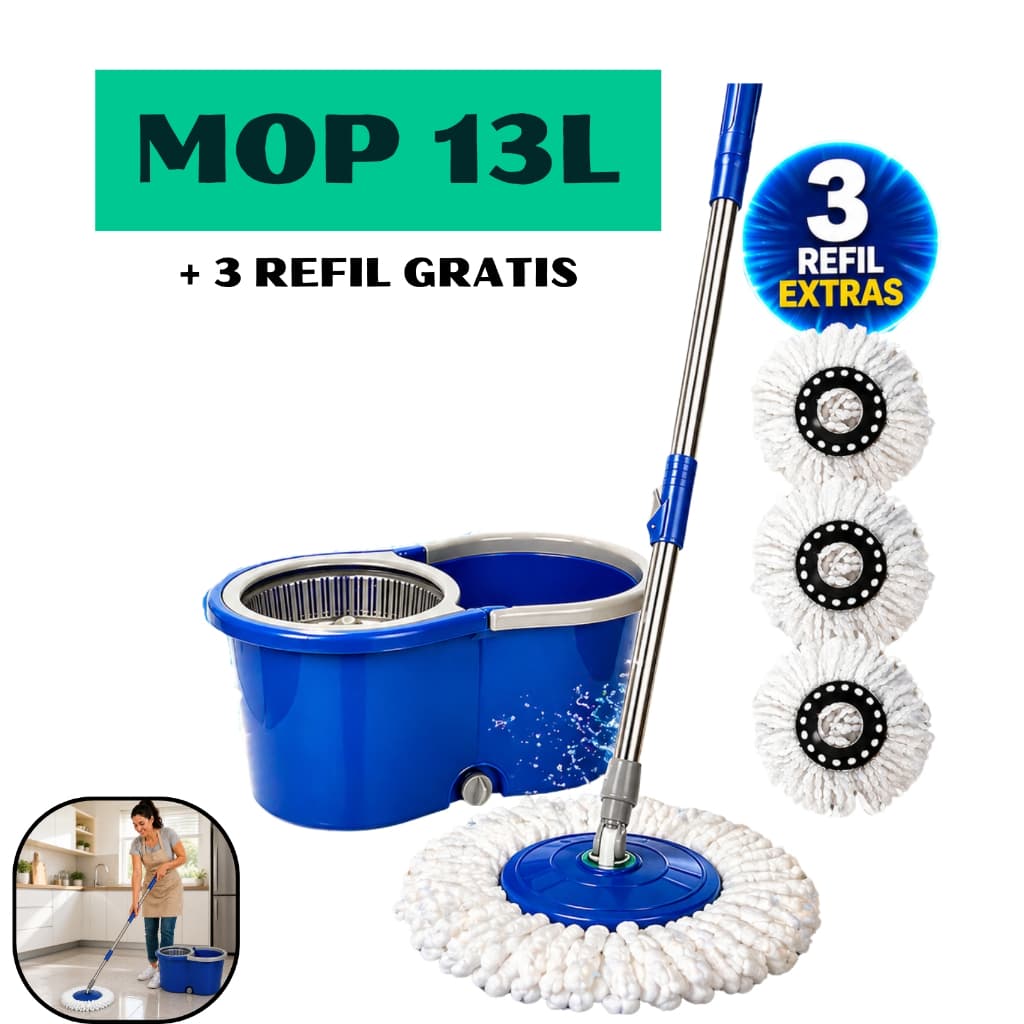 Mop Giratório 13L com Alça Prática + Cabo Ajustável + 3 Refil Microfibra–Limpeza Fácil e Rápida