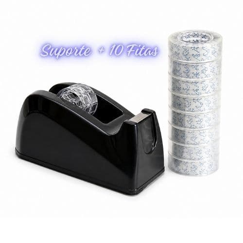 Dispensador Suporte De Fita Adesiva + 10 Rolos Transparentes Papelaria