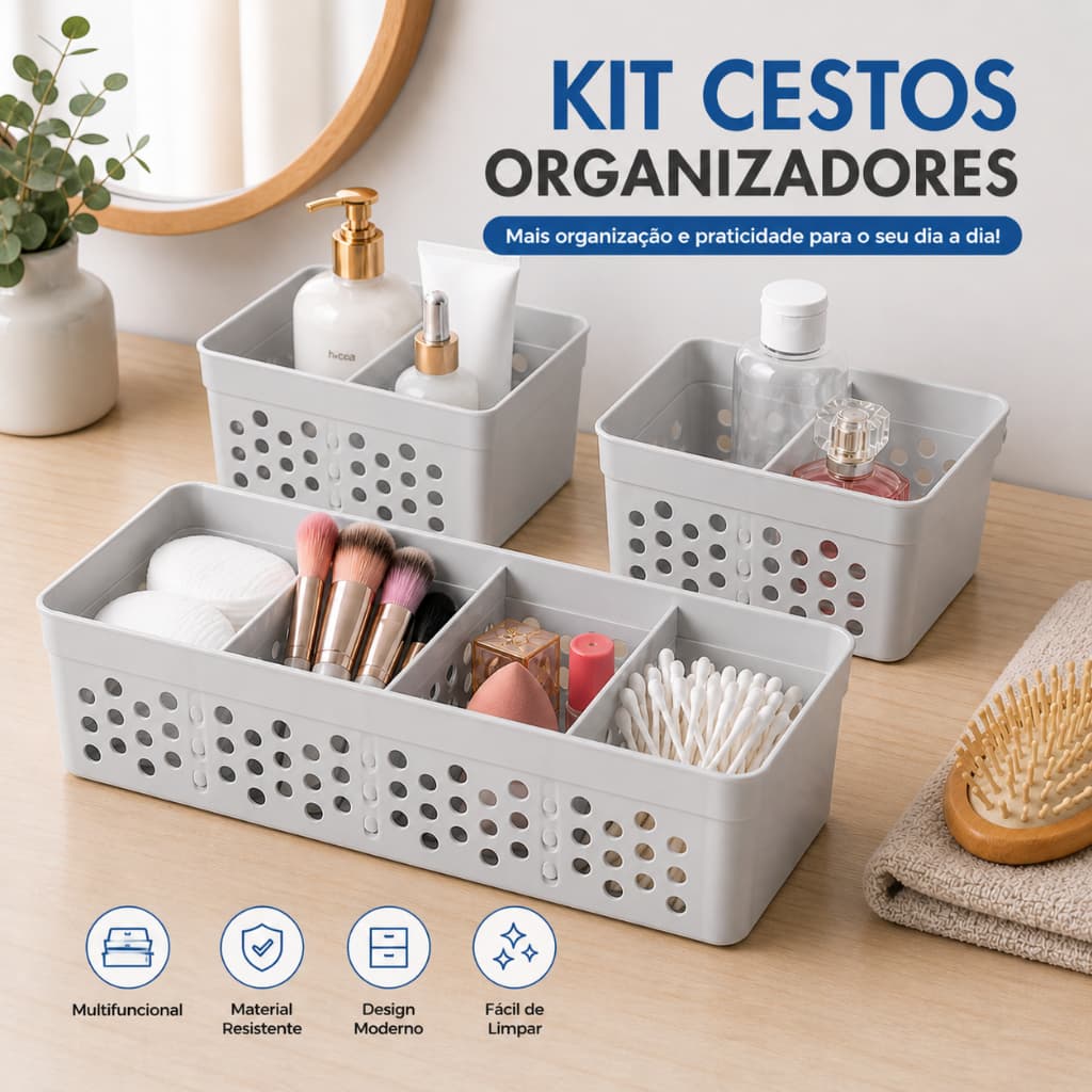 Cesto Organizador Multiuso Kit 3, Kit 5 Unidades com Divisoria Removivel Colmeia para Gavetas Armários