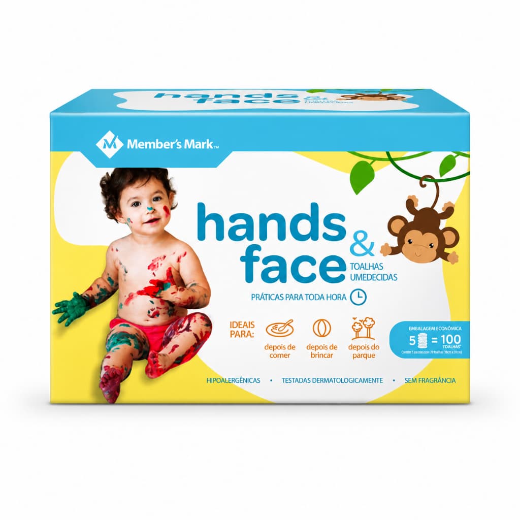 Toalhas Umedecidas Hands Face Member’s Mark 100 Unidades Hipoalergênicas Sem Fragrância Bebê