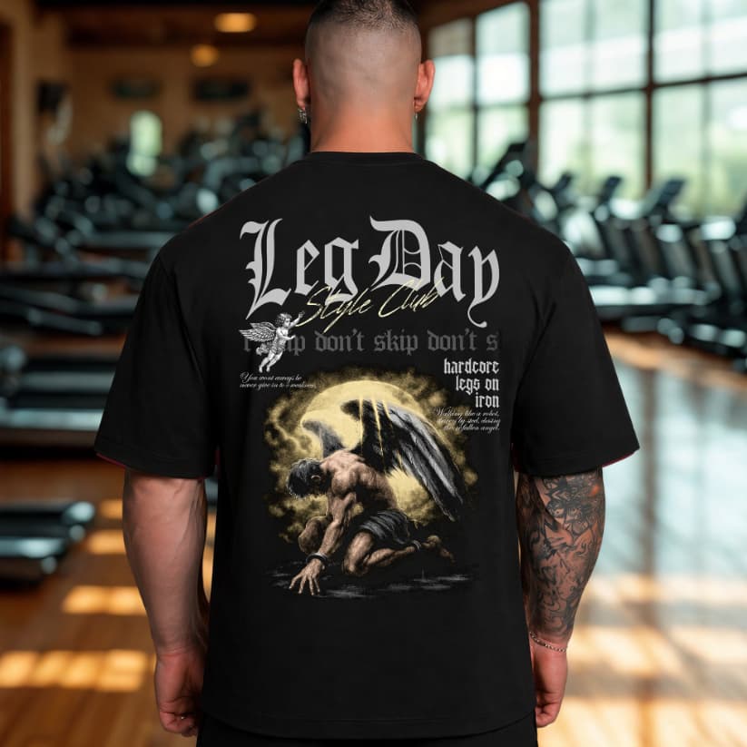 Camiseta Oversized Leg Day Angel Fallen Academia Treino Streetwear Camisa 100% Algodão Estampada Estilo Bodybuilder Top
