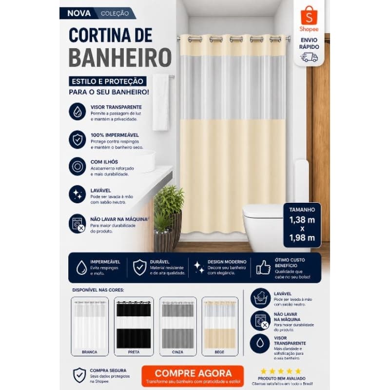 Cortina de Box Inteira com Ilhós – Tecido Resistente e Acabamento Elegante