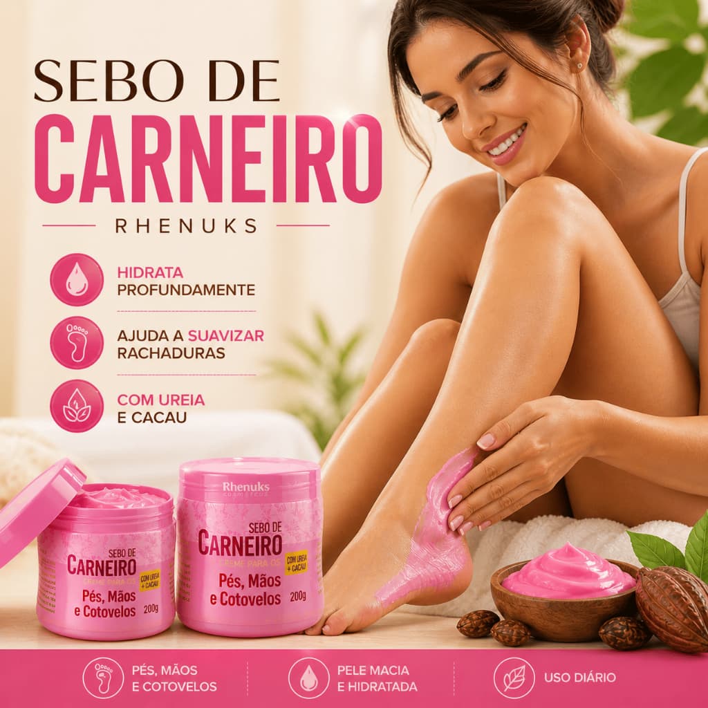 Creme Gel Hidratante Sebo de Carneiro Rhenuks 200g Rachaduras Ressecamento Pés Mãos Cotovelos Kit 2 3 4 5 6 12 Unidades