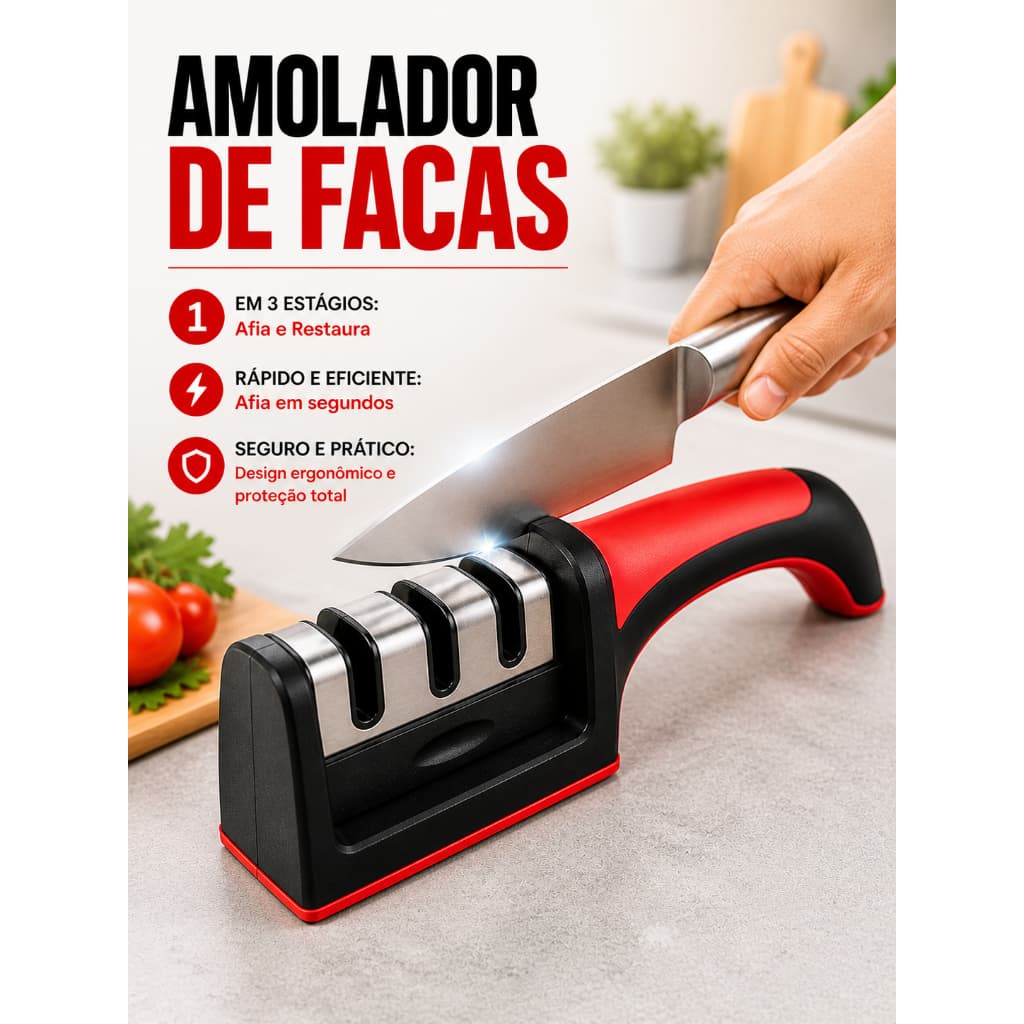 Amolador Afiador de Facas Cabo Emborrachado com 3 Estágios  Afiação Profissional. Design Ergonômico Fácil de Usar.