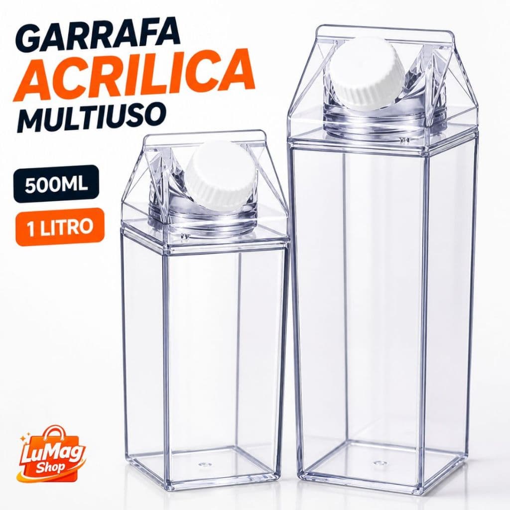 Garrafa Acrílica Transparente 500ml /1L Tipo Caixa de Leite Multiuso com Tampa Organização Geladeira