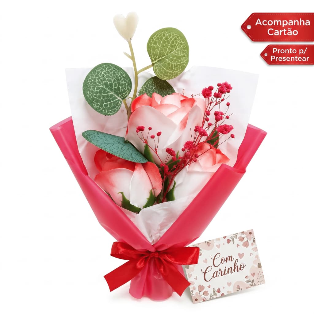 Presente Dia Das Mães Buquê Rosa Artificial Com Cartão