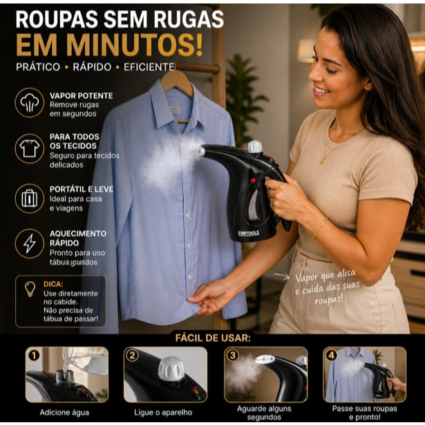 Passadeira a Vapor Portátil - Vaporizador de Roupas, Rápida, Eficiente e Econômica