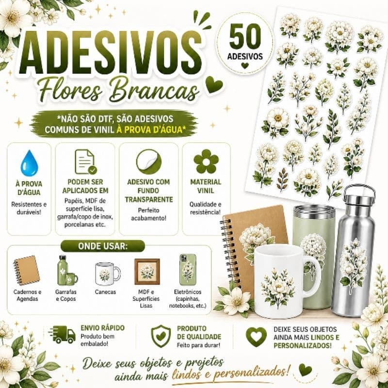 Kit 50 Adesivos FLORES BRANCAS Fundo Transparente Vinil Á Prova D'água
