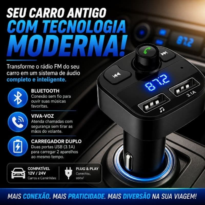 Transmissor FM Bluetooth Veicular X8 Carregador USB Duplo Mãos Livres Display Digital