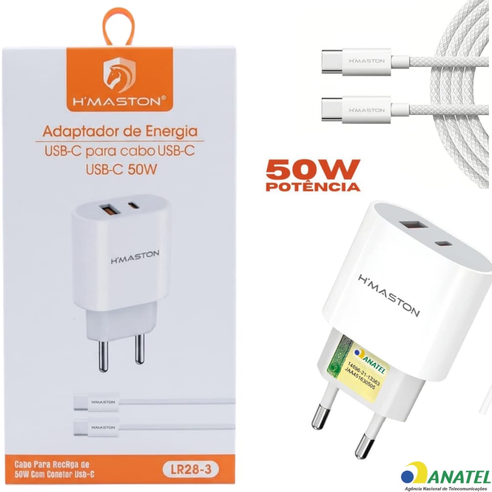 Carregador Turbo 50W H'maston Original USB C TipoC para Android e iPhone 15 16 17
