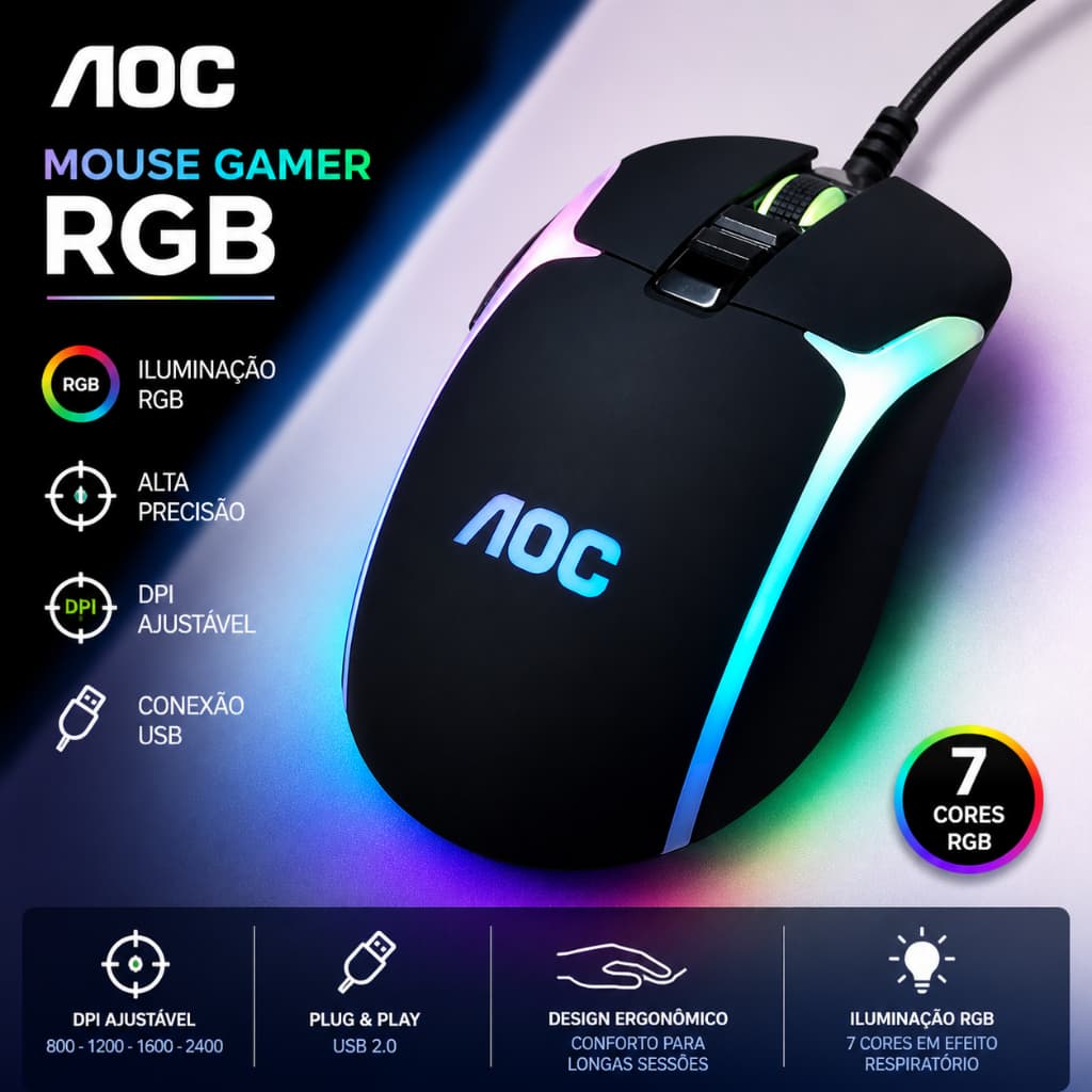 Mouse Gamer RGB 7200 DPI Alta Precisão Sensor Ajustável Iluminação LED