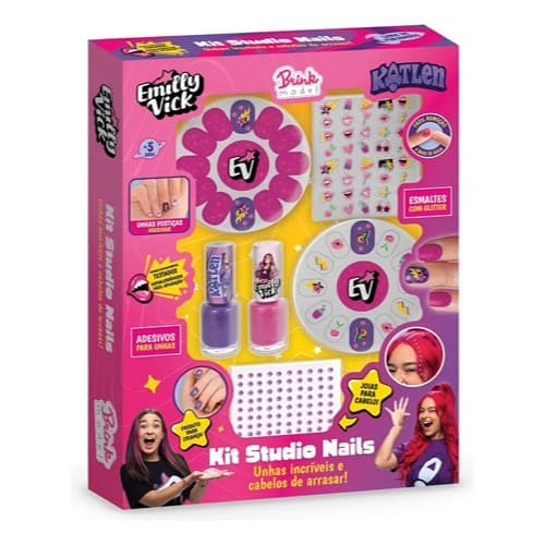 Kit Unhas Studio Nails Infantil Emilly Vick Dos Rosa Esmalte Glitter Postiça Adesivo Menina Brink Model Manicure