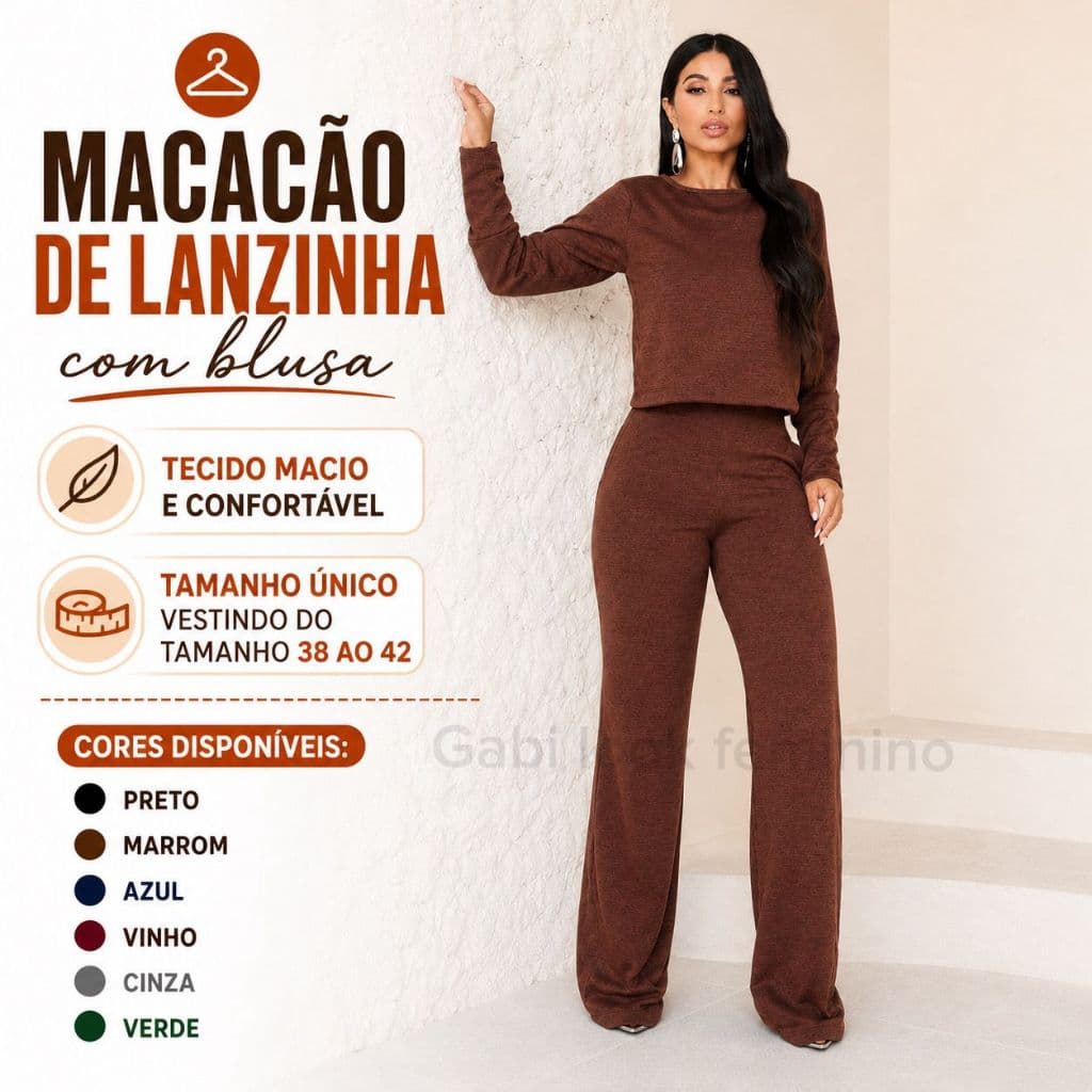 Conjunto 2 Peças Macacão Pantalona e Blusa Manga Longa de Lanzinha Moda Feminina Moda Inverno