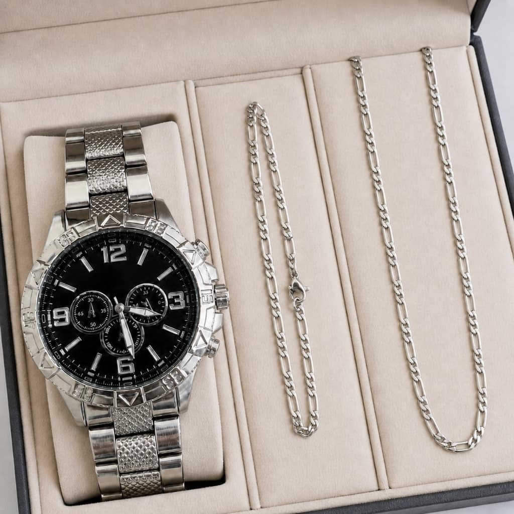 Kit Relógio Masculino Prata Pulseira Corrente Analógico Luxo Quartzo Casual Preto Dourado Classico