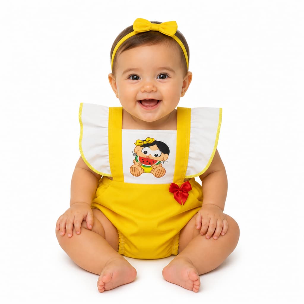 Romper Bebê Feminino Amarelo com Lacinho e Estampa Fofa de Melancia Magali