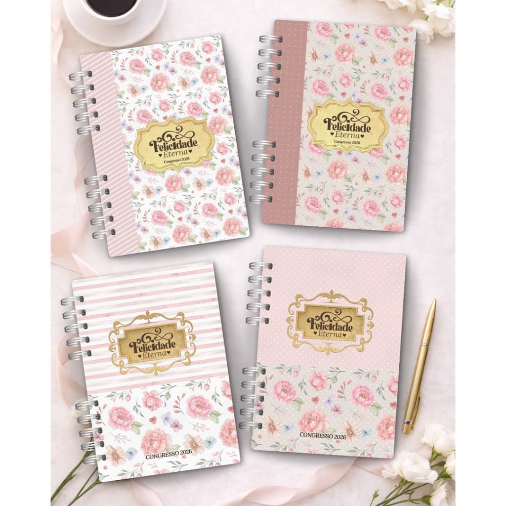 Caderno Personalizado Congresso JW "Felicidade Eterna" com brindes - coleção Floral Rosa