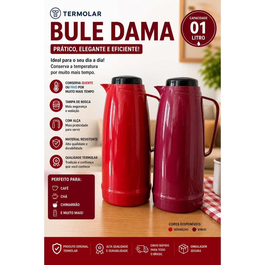 Garrafa Térmica Bule Dama 1 Litro Vermelha - Termolar Cor Vermelho e Vinho
