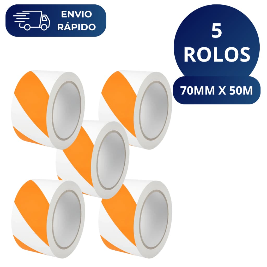 Kit 5 Fita Zebrada Laranja e Branca 70mm X 50 Metros Para Isolamento Sinalização Interdição Obras