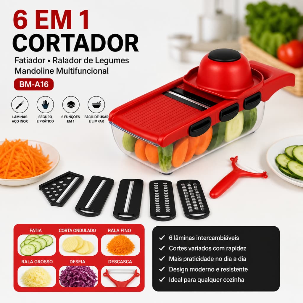6 EM 1 CORTADOR Fatiador Ralador de Legumes Mandoline Multifuncional - BM-A16