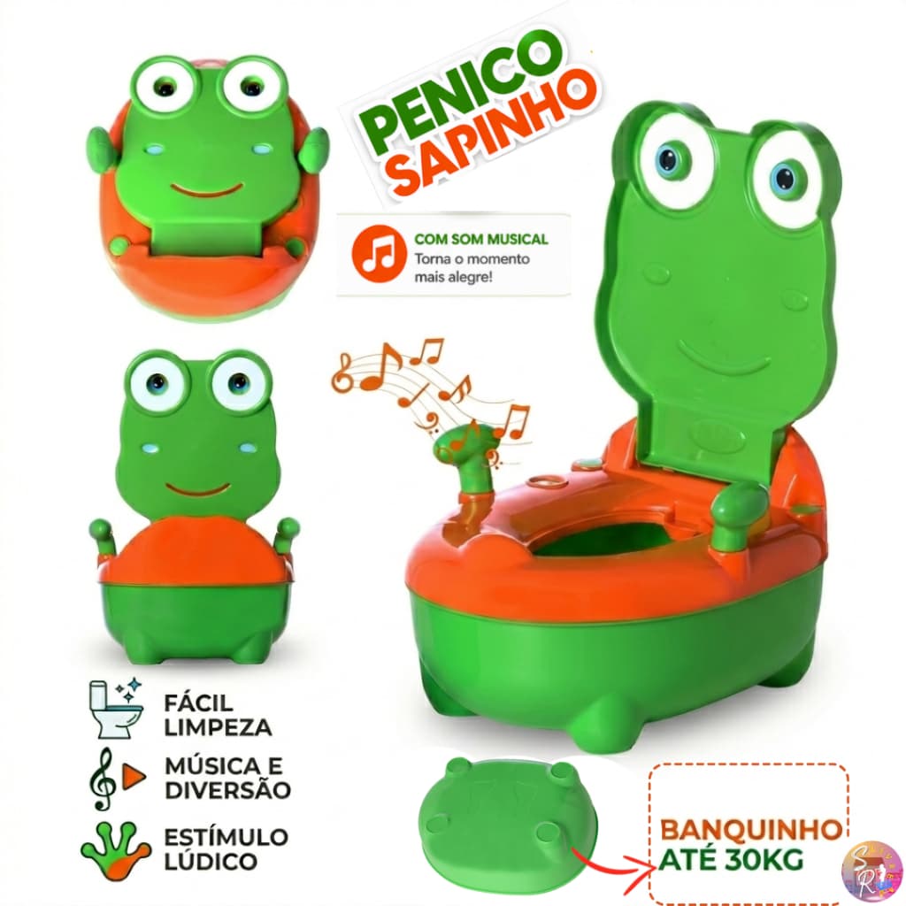 Troninho Penico Infantil Musical alça apoio (Desfralde) Banquinho ate 30Kg Replay Kids Sapinho-Verde