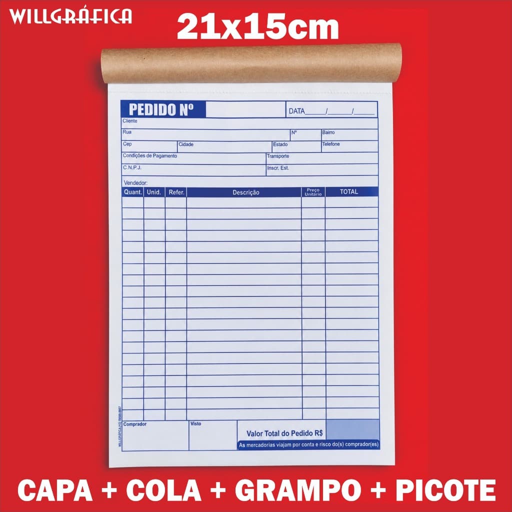 Bloco Talão de Pedido 15x21cm | 50 Folhas | Com Picote e Grampo | Uso Comercial e Vendas